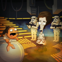blaster brown_hair duo female hair male male/female open_mouth stairs stormtrooper water weapon unknown_artist american_dad star_wars han_solo klaus_heisler leia_organa roger_smith alien alien_humanoid aquatic cyprinid cypriniform fish goldfish humanoid roswell_grey 1:1 hi_res official_art