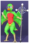 angry anthro blonde_highlights claws clothing electricity electricity_manipulation elemental_manipulation femboy fist gold_(metal) gold_ring green_body highlights_(coloring) jewelry light_bulb lowing_eyes magic male multicolored_body necklace panties piercing purple_eyes red_body shadow simple_background solo staff tail two_tone_body underwear wings onyxmeow axel_(onyxmeow) avian bird absurd_res hi_res