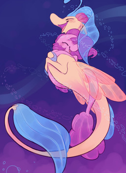 blue_hair bubble duo eyes_closed feral fin freckles hair happy hug open_mouth open_smile pink_body pink_hair smile split_form underwater water yellow_body bananasmores european_mythology friendship_is_magic greek_mythology hasbro my_little_pony my_little_pony:_the_movie_(2017) mythology pinkie_pie_(mlp) princess_skystar_(mlp) aquatic equid hippocampus mammal merfolk 2018 digital_media_(artwork)