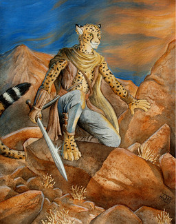 4_toes 5_fingers anthro arm_support armor biped black_spots bracelet cloak clothing crouching dagger detailed_background digitigrade dipstick_ears dipstick_tail ear_markings ear_piercing feet fingers fur greaves green_eyes holding_melee_weapon holding_object holding_sword holding_weapon jewelry kneeling male markings melee_weapon mountain multicolored_ears multicolored_tail piercing rock sash sky solo spots spotted_body spotted_fur striped_markings striped_tail stripes sword tail tail_markings toes topwear vambrace vest weapon 0laffson duma_(0laffson) cheetah felid feline mammal 2015 signature traditional_media_(artwork)