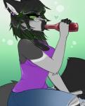 anthro black_hair breasts clothed clothing drinking ear_piercing eyelashes eyewear female glasses green_eyes hair holding_object piercing sitting here-kitty-kitty canid canine mammal digital_media_(artwork)