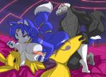 after_kiss anthro anthro_on_anthro arm_tuft armwear bandai_namco big_breasts bisexual black_sclera blue_body blue_fur blue_hair blue_skin bodily_fluids breast_squish breasts breasts_frottage bridal_gauntlets canid canine cheek_tuft clothing collar crossover digimon digimon_(species) dipstick_tail elbow_tuft eye_contact facial_tuft female female/female fox from_behind_position from_front_position fur genitals glowing glowing_eyes green_eyes grey_body grey_fur group group_sex hair half-closed_eyes interlocked_fingers interspecies kneeling krystal_(star_fox) leg_markings looking_at_another lying male male/female mammal markings mask missionary_position multicolored_body multicolored_fur multicolored_tail narrowed_eyes neck_tuft nintendo nipples nude on_back penis red_eyes renamon saliva saliva_string sex shonuff skull_hound smile socks_(marking) squish star_fox tail tail_markings threesome trio tuft two_tone_body two_tone_fur white_body white_fur yellow_body yellow_fur