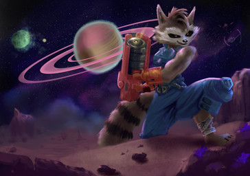 alien_planet anthro armor gun holding_object holding_weapon male ranged_weapon smile smirk solo spacecraft standing vehicle weapon flashbulbmemory guardians_of_the_galaxy marvel marvel_rivals rocket_raccoon mammal procyonid raccoon hi_res