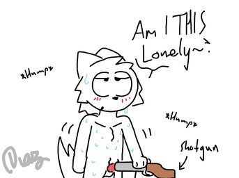 anthro blush bodily_fluids cursed dialogue fur gun humping male penis_in_gun ranged_weapon self_reflection shotgun simple_background solo sweat weapon white_background white_body white_fur adiaz canid canine mammal hi_res