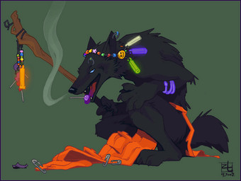 anthro black_body blue_eyes candy dessert food glowing lollipop male smoke solo tongue tongue_out tribal oce canid canine canis mammal wolf 2002