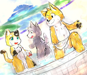 anthro balls bath bulge butt countershading genitals group kemono male navel nude open_mouth outside shota wet young young_anthro rainichi canid canine canis domestic_cat domestic_dog felid feline felis mammal wolf 2017 hi_res