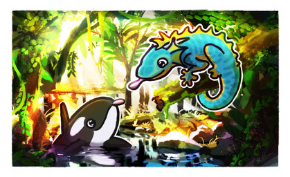 ambiguous_gender duo feral fin forest jungle leaf light light_beam male mangrove_tree plant sunbeam sunlight tail tail_fin tree iveks amphibian aquatic cetacean dolphin lizard mammal newt oceanic_dolphin orca reptile salamander scalie toothed_whale hi_res letterbox