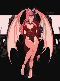 anthro bracelet breasts cleavage clothed clothing colored_nails dress fangs female hair horn jewelry membrane_(anatomy) membranous_wings multicolored_hair nails pink_body pink_hair purple_hair red_eyes solo teeth wings schnellentod felid hybrid lion mammal pantherine vampire absurd_res hi_res