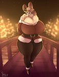 5_fingers accessory anthro belt belt_buckle big_breasts black_clothing black_leggings black_legwear blue_eyes blurred_background boots bottomwear breast_pockets breasts bridge brown_body brown_boots brown_clothing brown_footwear brown_fur buckle christmas_clothing christmas_lights christmas_tree clothed clothing coat costume curvy_figure cute_fangs dewlap_(anatomy) dipstick_ears ear_markings ears_up eyelashes fangs female fingers flower flower_in_hair fluffy footwear front_view fully_clothed fur hair hair_accessory hand_on_dewlap holidays holly_(plant) hourglass_figure huge_breasts leaf leaf_hair_accessory leaf_in_hair leggings legwear looking_away markings multicolored_body multicolored_ears multicolored_fur night open_mouth open_smile outside pants plant pockets santa_costume shoes sky smile snow solo spots spotted_body spotted_fur standing star starry_sky tan_body tan_fur teeth thick_thighs topwear tree waist_belt walking wavy_hair whiskers wide_hips winter shakotanbunny christmas hazel_(shakotanbunny) domestic_rabbit flemish_giant lagomorph leporid mammal oryctolagus rabbit 2022 full-length_portrait hi_res portrait shaded signature