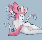 accessory anthro backsack balls blue_eyes bow_accessory butt femboy fur genitals hair male nude pink_body pink_fur ribbons_(anatomy) simple_background solo tail white_body white_fur prince-vulpine nintendo pokemon canid canine eeveelution generation_6_pokemon mammal pokemon_(species) sylveon hi_res