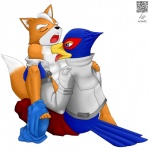 anthro blue_body blue_feathers butt dipstick_tail duo feathers interspecies licking male male/male markings qr_code simple_background tail tail_markings tongue tongue_out white_background kp-yoshi nintendo star_fox falco_lombardi fox_mccloud avian bird canid canine fox mammal