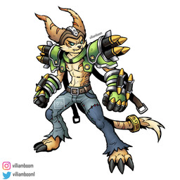 abs accessory anthro armor barefoot belt bottomwear clothing fangs feet furgonomics green_eyes headgear headwear jewelry male muscular pants ring solo tail tail_accessory tail_jewelry tail_ring teeth villiamboom1 bandai_namco digimon ratchet_and_clank sony_corporation sony_interactive_entertainment ratchet_(ratchet_and_clank) digimon_(species) hybrid lombax mammal 1:1 2025 hi_res