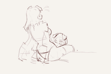 anthro blush bodily_fluids breasts clothing cunnilingus duo eyebrows eyes_closed female floppy_ears hair kneeling male male/female oral sex short_hair simple_background sit_and_blow_position sitting sweat sweatdrop vaginal white_background pekorelle canid canine canis domestic_dog mammal 2025 3:2 guide_lines hi_res sketch