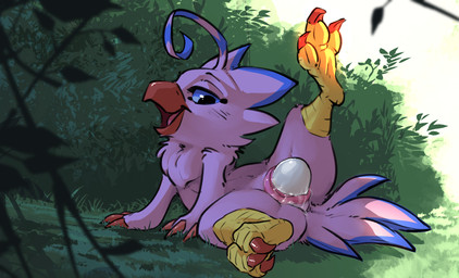 animal_genitalia anthro behind_shrub blue_eyes cloaca egg feathers female genitals open_mouth oviposition pink_body pink_feathers solo spread_legs spreading tongue carrot_(artist) bandai_namco digimon biyomon digimon_(species) 2026 absurd_res hi_res