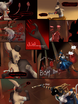 ambiguous_gender anthro body_horror bone bone_spikes collar dagger dialogue dust_cloud female fight flesh_wall gold_(metal) gore group magic magic_circle magic_user male melee_weapon multicolored_body ripping sound_effects speech_bubble two_tone_body weapon tyunre beryl_antrelys nafisa_vharr_antrelys qadir_vharr_antrelys raisa_vharr_gres bovid bovine canid canine canis caprine cattle domestic_rabbit harlequin_rabbit lagomorph leporid mammal oryctolagus rabbit taur wolf 3:4 comic hi_res