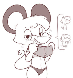 anthro arms_bent big_ears biped blush blush_lines bodily_fluids bottomless bottomless_male clothed clothed_anthro clothed_female clothing crop_top duo eyewear female female_anthro fingers flat_chested fluffy fur glasses head_tuft heart_tail holding_clothing holding_object looking_at_viewer male open_mouth open_smile panties pantsless_anthro pantsless_female round_glasses seductive sharp_teeth shirt smile smiling_at_viewer smirk smirking_at_viewer snout solo_focus standing sweat tail teeth topwear tuft underwear wearing_glasses theartmanor pandemonium_wizard_village chow_(theartmanor) molte canid canine mammal murid murine rodent 2025 digital_drawing_(artwork) digital_media_(artwork) hi_res