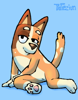 anthro brown_body female genitals innie_vulva looking_at_viewer multicolored_body simple_background sitting solo spots vulva trapezium bluey_(series) chilli_heeler australian_cattle_dog canid canine canis cattledog domestic_dog herding_dog mammal pastoral_dog hi_res