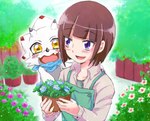 anthro apron blush clothing duo flower gardening hime_cut kerchief male plant white_body asaridaton bandai_namco digimon digimon_ghost_game yuto_(digimon_ghost_game) digimon_(species) gammamon human mammal