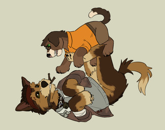 age_difference ambiguous_gender brown_body clothed clothed_feral clothing duo eyewear feral glasses hair lifting_another lying on_back playing simple_background size_difference stick_in_mouth young puppyratcat canid canine canis mammal hi_res female_(lore) male_(lore)