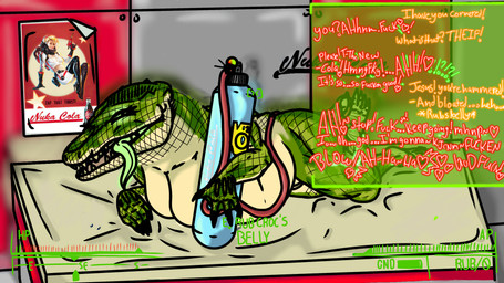 abdominal_bulge alcohol anal_inflation anthro beer belly belly_inflation belly_overhang belly_rub belly_rub_request beverage big_belly big_breasts blue_tank breasts claw_fingers claws close_to_bursting clothing dialogue drunk duo expansion eyelashes feet female fiddling finger_claws fishnet_clothing foot_fetish force_feeding forced green_body green_eyes green_scales green_tongue holding_hose hose hose_in_butt hose_in_vagina hose_inflation hud inflation intestinal_bulge keg long_eyelashes lying male male/female metal metallic multicolored_body multicolored_skin nude nuka-cola nuka-cola_quantum oxygen_tank pale_skin pose poster profanity radiation radioactive reflection scales sharp_teeth smile smiling_at_viewer smirk smirking_at_another smirking_at_viewer smirking_pred solo substance_intoxication tail teeth text toe_claws toes toes_pointed_inward tongue tongue_out two_tone_body two_tone_skin inflation_fantasys ykfantasys fallout microsoft alligator alligatorid animal_humanoid croake crocodile crocodilian gatorclaw_(fallout) humanoid hybrid reptile scalie scalie_humanoid snake 16:9 4k absurd_res english_text hi_res pinup story widescreen