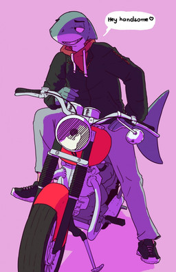 5_fingers anthro biped bottomwear clothed clothing fin fingers footwear front_view fully_clothed greeting grey_body grey_skin hand_on_leg hoodie jacket looking_aside male motorcycle pants shoes smile solo speech_bubble straddling sweater tail tail_fin teeth text topwear vehicle banana_da_boi sharky_(serex) aquatic fish shark english_text hi_res