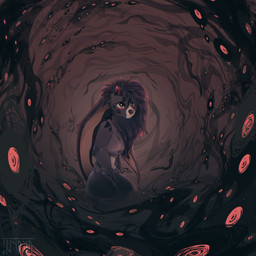 2_horns big_ears black_body black_fur black_hair bottomwear clothed clothing cloud crop_top ears_down facial_markings female feral fur green_eyes grey_body grey_fur hair head_horn head_markings horn horror_(theme) long_ears long_hair markings muzzle_(object) pivoted_ears red_horn shirt shorts sky smile solo teeth tongue topwear white_body white_fur shyryp shyryp_(character) canid canine canis domestic_dog hybrid mammal 1:1 absurd_res digital_media_(artwork) hi_res portrait