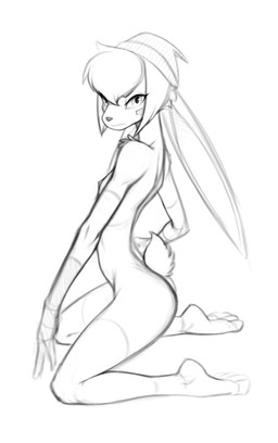 anthro breasts clothing female hat headgear headwear kneeling small_breasts solo hush_button derby_(mrbuttonboi) lagomorph leporid mammal rabbit absurd_res hi_res monochrome sketch