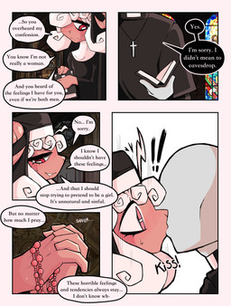 anthro beads clothed clothing cross crossdressing dialogue duo femboy hair kissing male male/male nun nun_outfit prayer_beads praying priest rosary sheared surprise_kiss surprised text white_hair ponporio bovid caprine mammal sheep absurd_res comic english_text hi_res