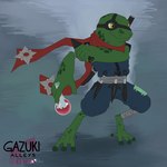 anthro artificer clothed clothing dnd5e male ninja potion potion_bottle ranged_weapon shuriken simple_background solo warrior weapon gazuki dungeons_and_dragons hasbro wizards_of_the_coast fan_character amphibian frog 1:1 hi_res