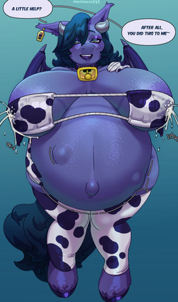 animal_print animal_print_bikini anthro areola bell bell_collar belly big_belly big_breasts bikini blush bodily_fluids breasts clothed clothing collar cow_print cow_print_bikini ear_piercing ear_tag female fetal_movement fur hair horn huge_belly huge_breasts lactating lactating_through_clothing legwear looking_at_viewer membrane_(anatomy) membranous_wings milk navel nipples pattern_bikini pattern_clothing pattern_swimwear piercing pregnant pregnant_anthro pregnant_female simple_background slightly_chubby slightly_chubby_anthro slightly_chubby_female smile solo speech_bubble swimwear tail text thick_thighs thigh_highs two-piece_swimsuit wet wet_clothing wide_hips wings arachnoid888 halfmoon_(oc) bat equid equine horse hybrid mammal pony absurd_res colored digital_drawing_(artwork) digital_media_(artwork) english_text hi_res