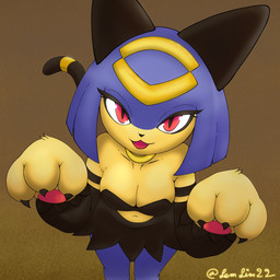 anthro black_clothing black_dress blue_body blue_hair breasts clothing dress eyelashes fangs female hair looking_at_viewer multicolored_body navel neck_ring open_mouth open_smile paw_pose pawpads paws pose red_eyes short_hair smile solo tail teeth two_tone_body yellow_body lemlim22 palworld pocketpair felid feline mammal pal_(species) sekhmet_(pal) 1:1 hi_res