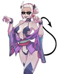 asian_clothing black_horn black_tail breasts clothed clothing cosplay east_asian_clothing eyelashes eyewear female hair hair_bun horn japanese_clothing kimono looking_at_viewer medium_breasts navel open_mouth open_smile purple_clothing purple_kimono short_hair simple_background skimpy smile solo spade_tail sunglasses tail tan_body tan_skin thick_thighs white_background white_hair wide_hips cupperexe fate_(series) helltaker type-moon assassin_shuten-douji justice_(helltaker) demon demon_humanoid horned_humanoid humanoid tailed_humanoid absurd_res hi_res