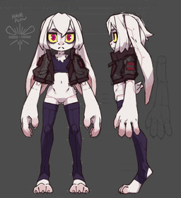 anthro big_hands bottomless chest_tuft claws clothed clothing featureless_crotch female flat_chested floppy_ears fur hair jacket jacket_vest legwear lop_ears midriff navel red_eyes solo tail thigh_highs topwear tuft vest white_body white_fur white_hair polygoncherub clover_(polygoncherub) lagomorph leporid mammal rabbit robot_anthro hi_res model_sheet