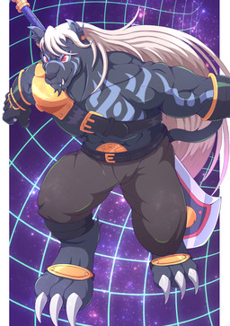 abs anthro armor biceps black_body black_fur bottomwear claws clothing fur hair male muscular muscular_anthro muscular_male pants pauldron pecs red_eyes shirtless shirtless_male shoulder_strap solo white_hair reshiramtabetai bandai_namco digimon digimon_beatbreak digimon_(species) murasamemon hi_res