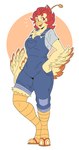 anthro beak clothed clothing feathered_arms feathers female freckles front_view fully_clothed hair hand_on_hip overalls red_hair solo tan_body tan_feathers slightlysimian avian bird chicken galliform gallus_(genus) phasianid 2023 absurd_res hi_res