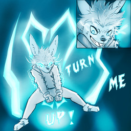 anthro blue_background blue_eyes bodysuit circle_eyebrows clothing electricity electricity_manipulation electrified elemental_manipulation eyebrows fur gloves glowing glowing_eyes glowing_markings hair handwear male markings panel_overlap plantigrade simple_background skinsuit smile smiling_at_viewer solo text_in_background tight_clothing white_body white_fur white_hair white_outfit templar_ponyboy rakurai_(templar_ponyboy) lagomorph leporid mammal rabbit 1:1 hi_res