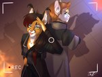 anthro cosplay duo female gesture green_eyes long_coat looking_at_viewer male recording salute stern_look teal_eyes tongue tongue_out jailianireis detroit:_become_human claire_felicitous_(calidan) elon_flow_(calidan) caracal caracal_(genus) felid feline mammal southern_grasshopper_mouse 4:3 absurd_res hi_res