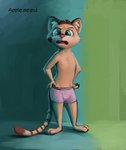 anthro barefoot blue_background cheek_tuft clothed clothing facial_tuft feet fur green_background green_eyes head_tuft inner_ear_fluff light male open_mouth simple_background solo standing tan_body tan_fur topless tuft underwear appleseed_(artist) s1m ty_(appleseed) banded_linsang linsang mammal viverrid 2020 absurd_res full-length_portrait hi_res lighting portrait