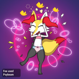 3_fingers 3_toes anthro biped black_body black_fur bottomwear bow_panties bow_underwear cheek_tuft clothed clothing colored_edge_panties colored_edge_underwear confusion crotch_seam cute_fangs digitigrade dipstick_tail dizzy dress_removed eyelashes facial_tuft fangs feet female female_anthro fingers flat_chested frilly frilly_clothing frilly_panties frilly_underwear front_view fur fur_markings hand_on_head heart_clothing heart_panties heart_pattern heart_pattern_panties heart_pattern_underwear heart_symbol heart_underwear inner_ear_fluff markings multicolored_body multicolored_fur navel on_one_leg panties pattern_bottomwear pattern_clothing pattern_panties pattern_underwear plaid plaid_bottomwear plaid_clothing plaid_panties plaid_underwear pokemon_battle pokemon_move pseudo_clothing pseudo_clothing_removed pseudo_dress pseudo_dress_removed psybeam red_inner_ear_fluff red_nose red_tail_tip solo standing tail tail_markings teeth text toes torn_clothing torn_pseudo_clothing tuft two_tone_tail underwear underwear_only white_body white_fur wrist_bow yellow_body yellow_fur ponponthedreambunny nintendo pokemon scarlet_(ponponthedreambunny) braixen generation_6_pokemon pokemon_(species) absurd_res hi_res