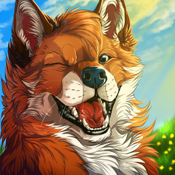 black_lips black_nose cloud day detailed_background feral flower fur grass inner_ear_fluff lips one_eye_closed open_mouth orange_body orange_fur outside plant sky solo teeth tongue tuft whiskers white_eyes wolfroad canid canine fox mammal 1:1 2015 digital_media_(artwork) headshot_portrait icon portrait