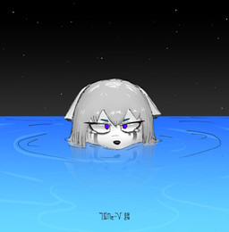 anthro bodily_fluids female grey_hair hair looking_at_viewer machine makeup night running_makeup solo star tears underwater water white_body 10ne-v alexa_(10ne-v) canid canine fox living_machine mammal robot hi_res