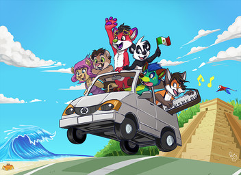 ambiguous_feral ambiguous_gender anthro black_hair blue_eyes blue_hair brown_eyes clothed clothing driving featureless_crotch female female_anthro feral fur green_eyes group hair head_tuft heterochromia logo male male_anthro nude open_mouth open_smile purple_eyes purple_hair pyramid red_body red_fur smile tuft vehicle wave white_body white_fur pandapaco majira_strawberry parinton arthropod bear canid canine crab crustacean decapod felid fox giant_panda lion malacostracan mammal pantherine artist_logo signature