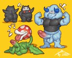 anthro balls biped black_body blue_body butt erection genitals green_body group male penis plant simple_background trio yellow_background ziran mario_bros nintendo bulrush elemental_creature flora_fauna humanoid ninji_(mario) piranha_plant hi_res