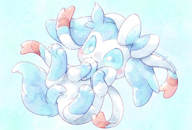 ambiguous_gender bite blue_body blue_eyes blue_fur blush blush_lines bow_(anatomy) fangs featureless_crotch feral fur paws ribbons_(anatomy) self_bite simple_background solo tail teeth white_body white_fur remedy0308 nintendo pokemon eeveelution generation_6_pokemon pokemon_(species) shiny_pokemon sylveon 2024 hi_res signature