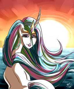 crown female hair headgear horn looking_at_viewer looking_back multicolored_hair outside sea solo sunset water what ponut_joe friendship_is_magic hasbro my_little_pony mythology princess_celestia_(mlp) equid equine mammal mythological_creature mythological_equine unicorn 2015 5:6 hi_res