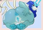 anthro anus biped blue_pussy butt eyelashes female fingers fur genitals hair looking_back multicolored_body paws pupils pussy simple_background smile solo thick_thighs skylosminkan nintendo pokemon generation_2_pokemon legendary_pokemon pokemon_(species) suicune absurd_res hi_res