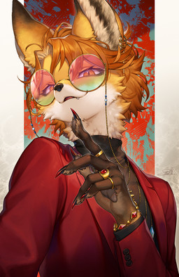 5_fingers abstract_background ambiguous_anthro ambiguous_gender anthro black_claws black_clothing black_nose black_pawpads black_sweater black_topwear black_turtleneck bracelet brown_ear_tips brown_ears cheek_tuft claws clothed clothing countershade_face countershade_fur countershade_neck countershading cute_fangs detailed_fur digit_ring dipstick_ears ear_markings ear_piercing ear_ring eyelashes eyewear facial_tuft fangs fingerpads fingers fluffy front_view fully_clothed fur gem glasses gold_(metal) gold_jewelry hair humanoid_hands inner_ear_fluff jacket jewelry kemono looking_at_viewer markings monotone_hair multicolored_body multicolored_ears multicolored_fur necklace orange_eyes orange_hair pawpads piercing pince-nez pupils red_claws red_clothing red_jacket red_suit red_topwear ring ring_(jewelry) ring_piercing ruby_(gem) short_hair slit_pupils smile snaggle_tooth solo suit sweater teeth topwear tuft turtleneck two_tone_claws white_body white_countershading white_fur white_inner_ear white_inner_ear_fluff yellow_body yellow_ears yellow_fur kemokemono canid canine fox mammal 2025 bust_portrait colored detailed digital_media_(artwork) digital_painting_(artwork) hi_res painting_(artwork) portrait shaded signature