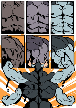 4_arms anthro back_muscles butt dripping flexing goo_transformation hair horn male merging multi_arm multi_limb muscular muscular_arms muscular_male nipples pecs rear_view small_waist solo transformation transformation_sequence veiny_arms trencalos goo_creature hybrid comic hi_res