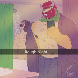 abs anthro bathing bathroom beard big_muscles bite_mark bruised brush brushing brushing_teeth butt clothed clothing duo eyebrows facial_hair hair horn human_on_anthro inside interspecies male male/male muscular muscular_anthro muscular_male mustache navel nipple_piercing nipples nude open_clothing open_robe open_topwear pecs piercing robe scar selfie shower showering standing text toothbrush topwear underwear water shadowmatamori mario_bros nintendo snapchat bowser luigi human koopa mammal scalie 1:1 2021 absurd_res english_text hi_res signature