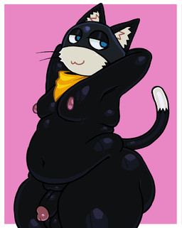 anthro balls belly big_butt black_body black_fur blue_eyes butt circumcised dipstick_tail fur genitals glans half-closed_eyes hands_behind_head humanoid_genitalia humanoid_penis inner_ear_fluff male markings mouth_closed narrowed_eyes navel nipples overweight overweight_anthro overweight_male penis pink_background pink_glans pink_nipples scarf simple_background small_balls small_penis solo tail tail_markings thick_thighs tuft whiskers yellow_scarf axeldagoat atlus megami_tensei persona_(series) persona_5 sega morgana_(persona) domestic_cat felid feline felis mammal 2026 absurd_res digital_drawing_(artwork) digital_media_(artwork) hi_res